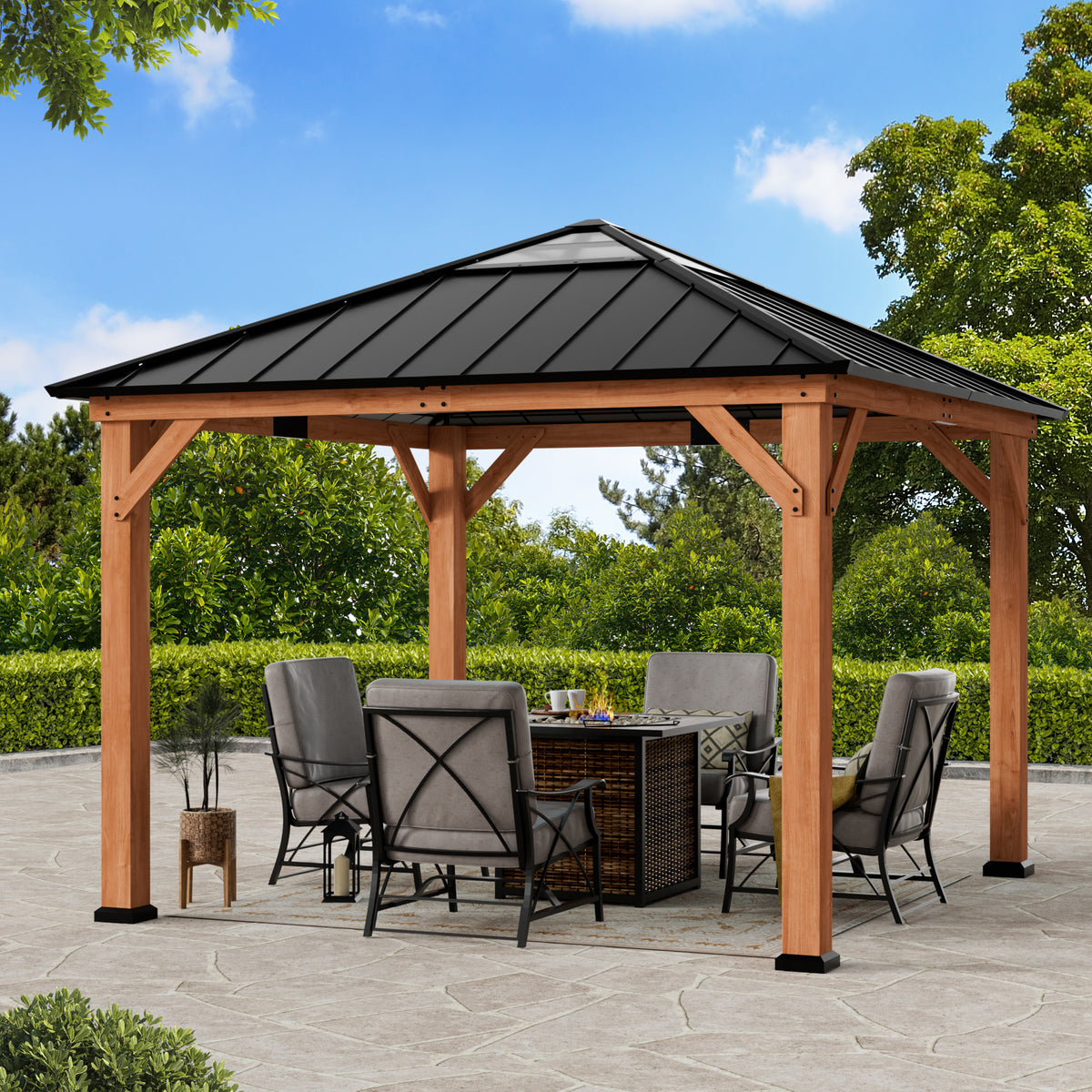 Modern Shade Tranquil Grove 11'x11’Hardtop Gazebo,Cedar Framed Pavilion with Galvanized Steel Roof,Permanent Patio Metal Gazebo for Outdoor Brown