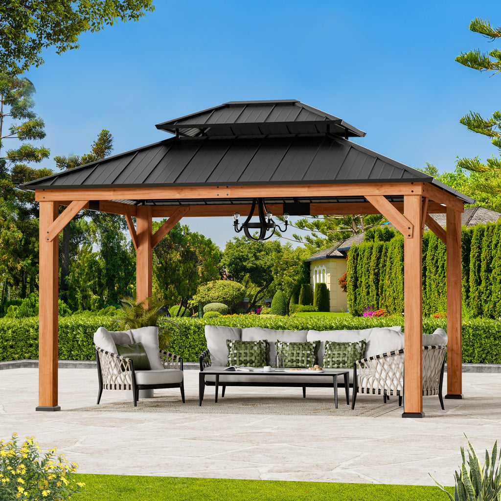 Modern Shade 10'x12' Gazebo Cedar Wood Frame Double Galvanized Steel Roof Hurricane-Proof for Patio Outdoor Brown