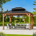 Modern Shade 10'x12' Gazebo Cedar Wood Frame Double Galvanized Steel Roof Hurricane-Proof for Patio Outdoor Brown
