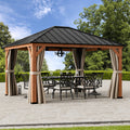 Modern Shade Tranquil Grove 12'x14' Hardtop Gazebo, Cedar Frame, Steel Roof, Netting, Curtains, Brown Outdoor