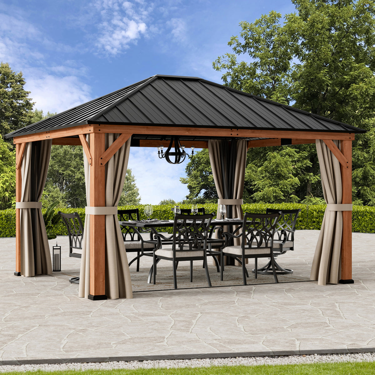 Modern Shade Tranquil Grove 12'x14' Hardtop Gazebo, Cedar Frame, Steel Roof, Netting, Curtains, Brown Outdoor
