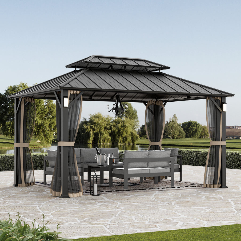Modern Shade The Horizon Hardtop Gazebo - 10' x 14' Black Double Steel Roof with 4 Solar LED Lights