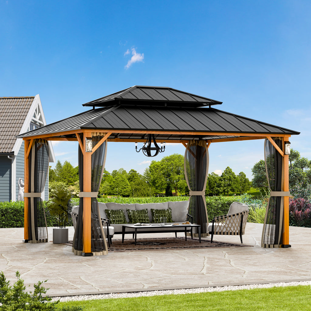 Modern Shade Hardtop Gazebo 12' x 14' with 4 LED Lights, Permanent Gazebo with Double Galvanized Steel Roof for Outdoor Backyard, Brown