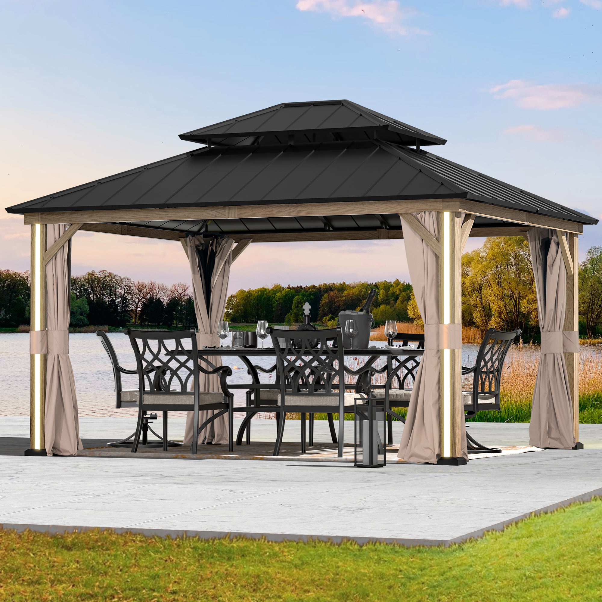 Modern Shade 12' x 14' Hardtop Gazebo with LED Lighting, USB Ports, Curtains, Netting, and Double Roof