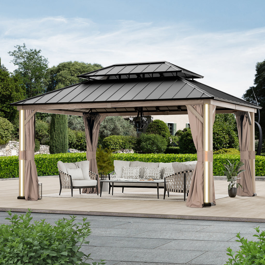 Modern Shade 12'x16' Hardtop Gazebo Wood-Look Aluminum 4 LED Lights USB Ports for Outdoor Patio Deck