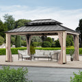 Modern Shade 12'x16' Hardtop Gazebo Wood-Look Aluminum 4 LED Lights USB Ports for Outdoor Patio Deck