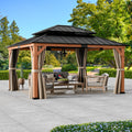 Modern Shade 13'x15' Rosewood Wood Gazebo Cedar Wood Framed Double Steel Roof for Garden Backyard