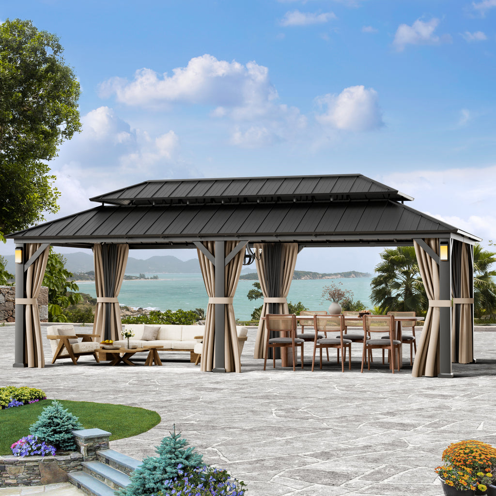 Modern Shade Horizon 12'x24' Hardtop Gazebo, Galvanized Steel Double Roof with 4 LED Lights, Netting & Curtains, Black