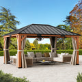 Modern Shade Tranquil Grove 12'x16' Hardtop Gazebo, Cedar Frame, Steel Roof, Netting, Curtains, Brown Outdoor