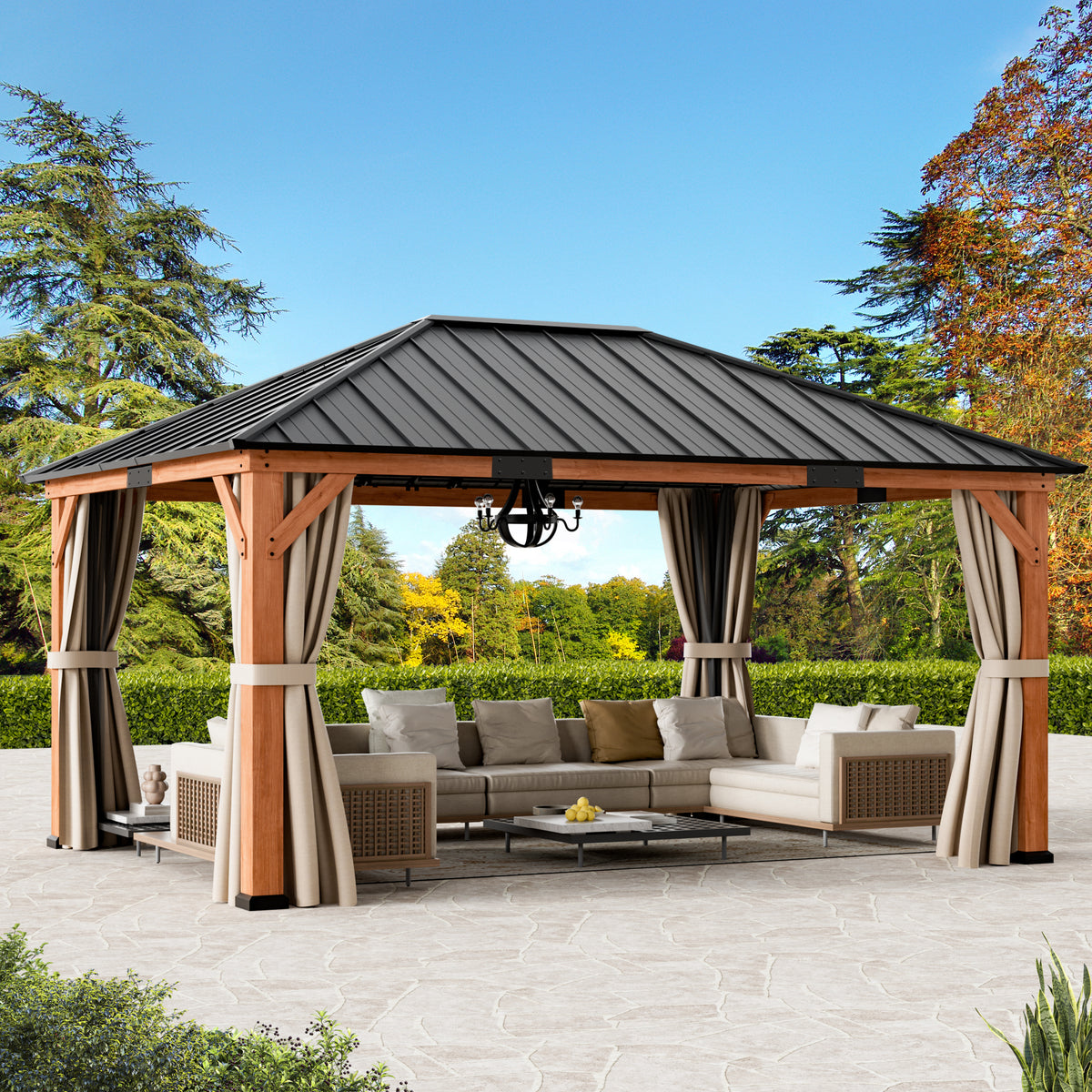 Modern Shade Tranquil Grove 12'x16' Hardtop Gazebo, Cedar Frame, Steel Roof, Netting, Curtains, Brown Outdoor