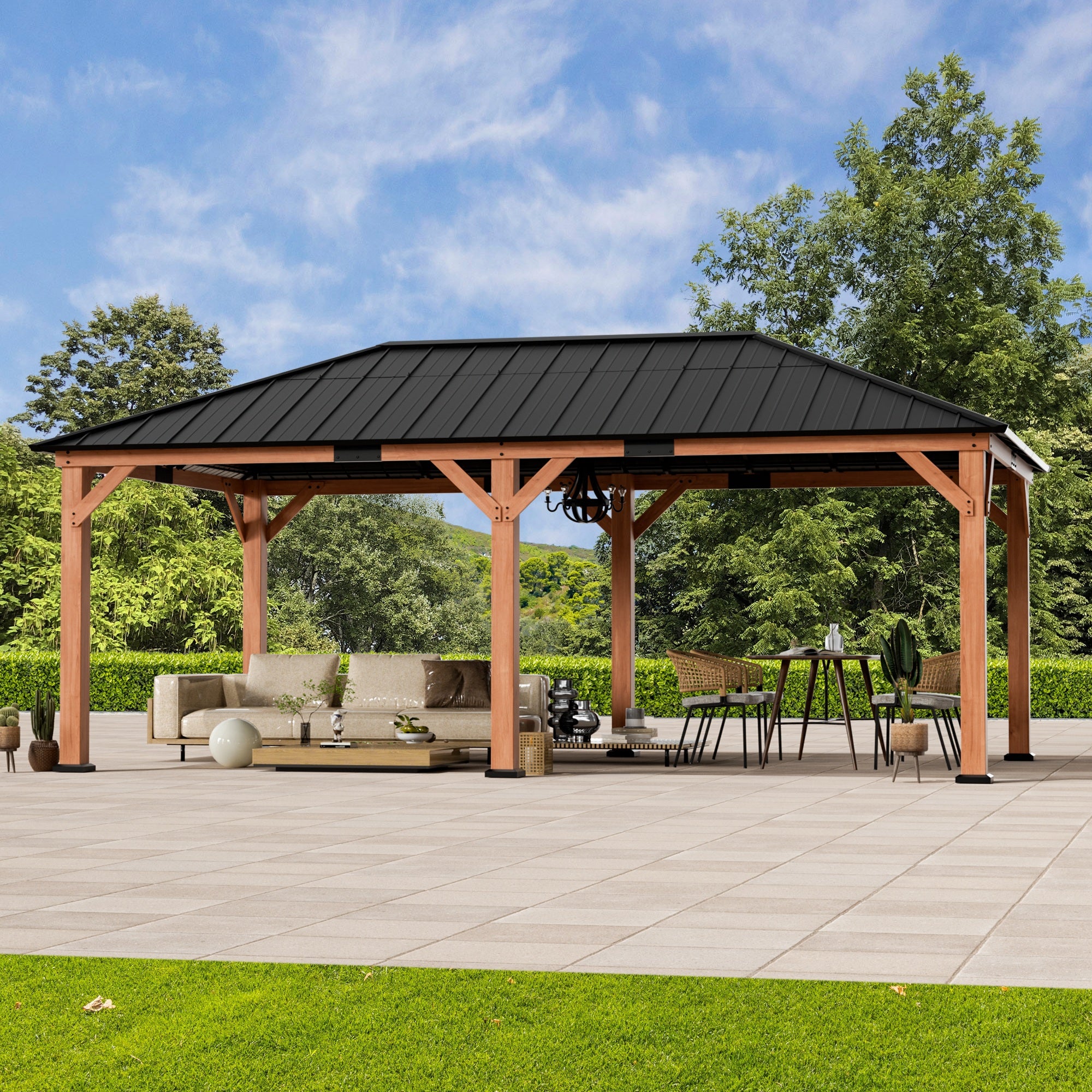 Modern Shade Tranquil Grove 12'x20’Hardtop Gazebo,Cedar Framed Pavilion with Galvanized Steel Roof,Permanent Patio Metal Gazebo for Outdoor Brown