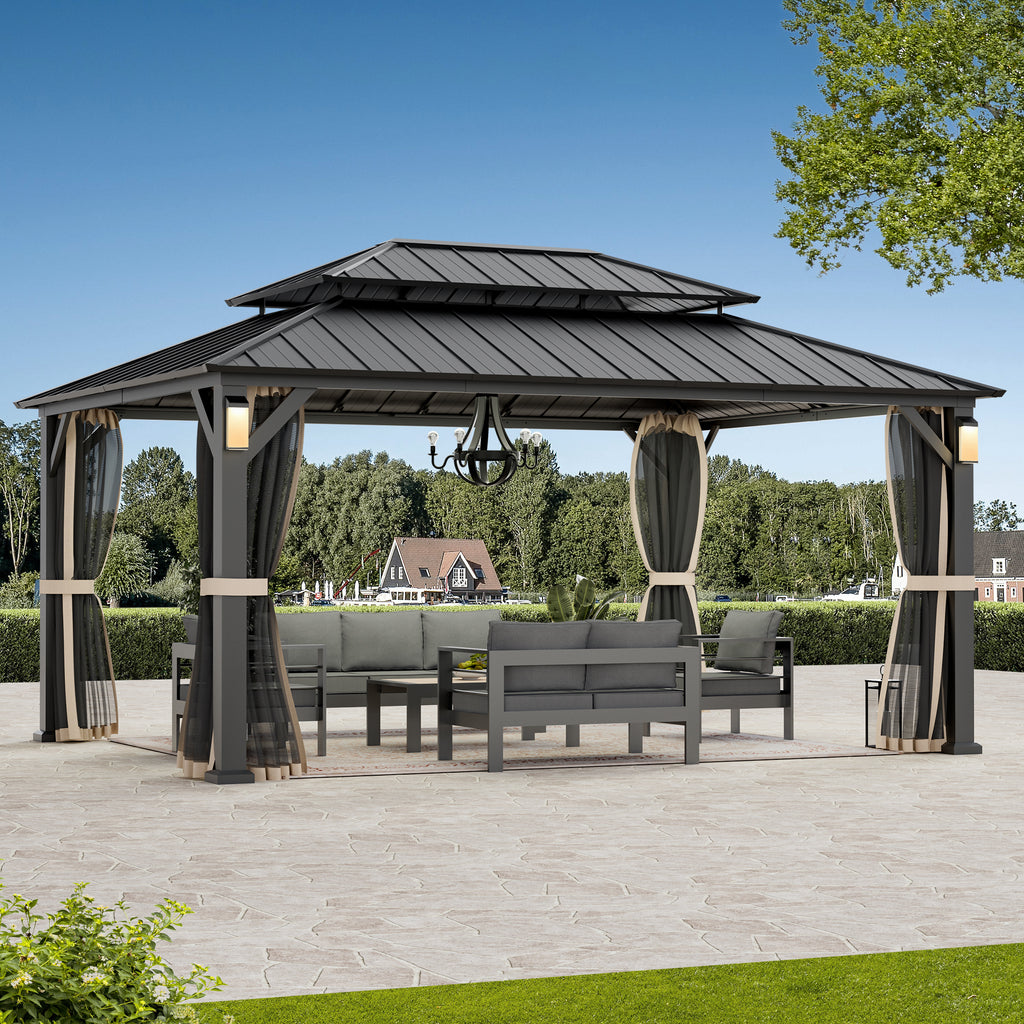 Modern Shade Hardtop Gazebo 12' x 16' with 4 LED Lights, Permanent Gazebo with Double Galvanized Steel Roof for Outdoor Backyard, Brown