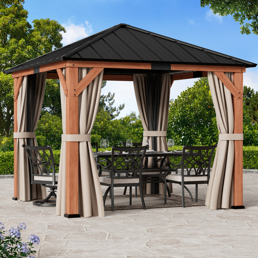 Modern Shade Tranquil Grove 10'x10' Hardtop Gazebo, Cedar Frame, Steel Roof, Netting, Curtain, Brown Outdoor Pavilion