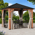 Modern Shade Tranquil Grove 10'x10' Hardtop Gazebo, Cedar Frame, Steel Roof, Netting, Curtain, Brown Outdoor Pavilion