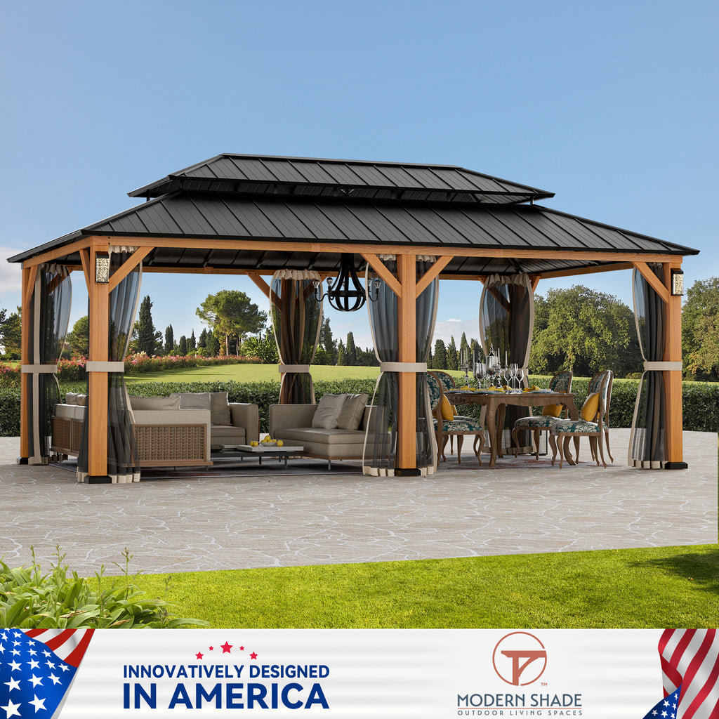 Modern Shade Hardtop Gazebo 12' x 20' with 4 LED Lights, Permanent Gazebo with Double Galvanized Steel Roof for Outdoor Backyard, Brown