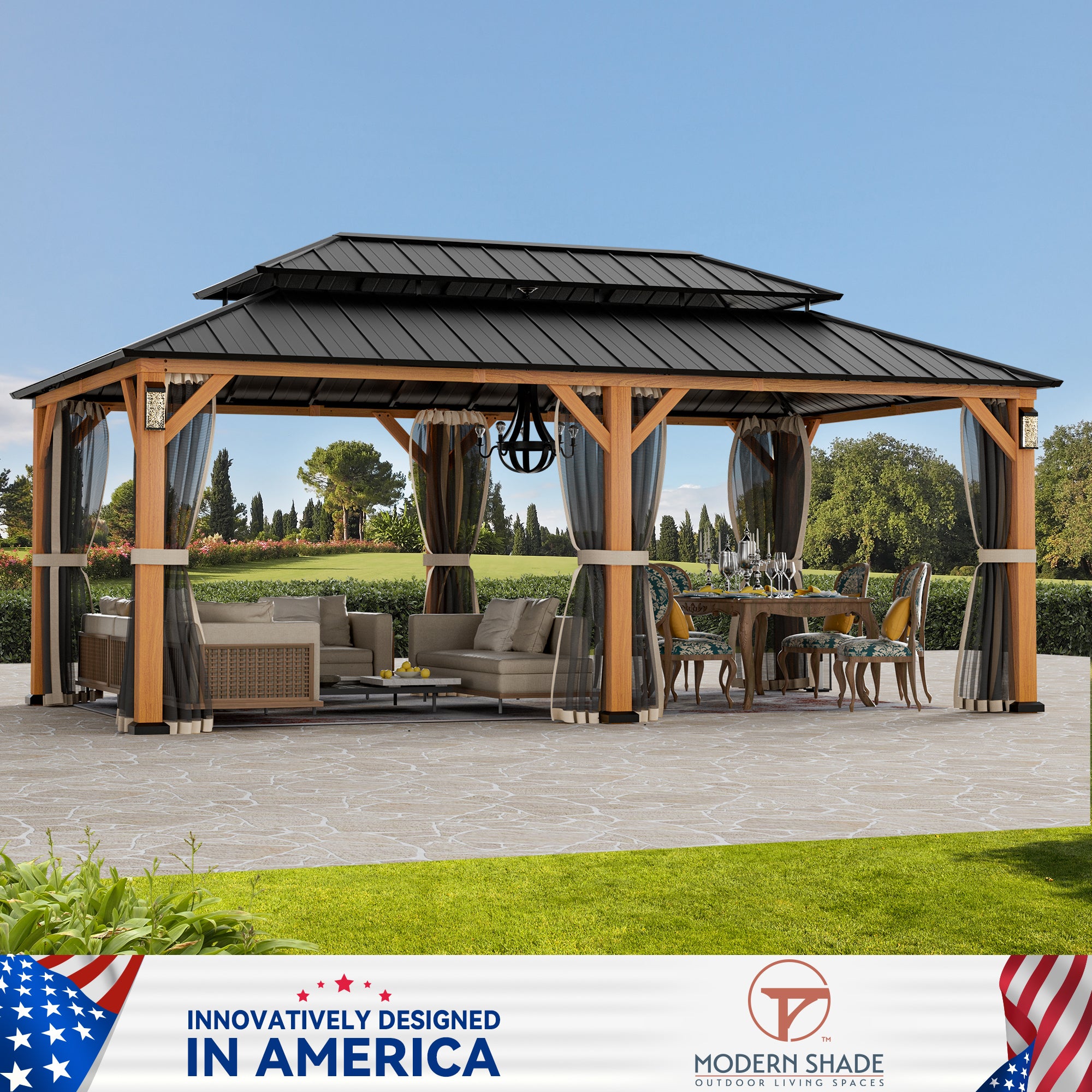 Modern Shade Hardtop Gazebo 12' x 20' with 4 LED Lights, Permanent Gazebo with Double Galvanized Steel Roof for Outdoor Backyard, Brown