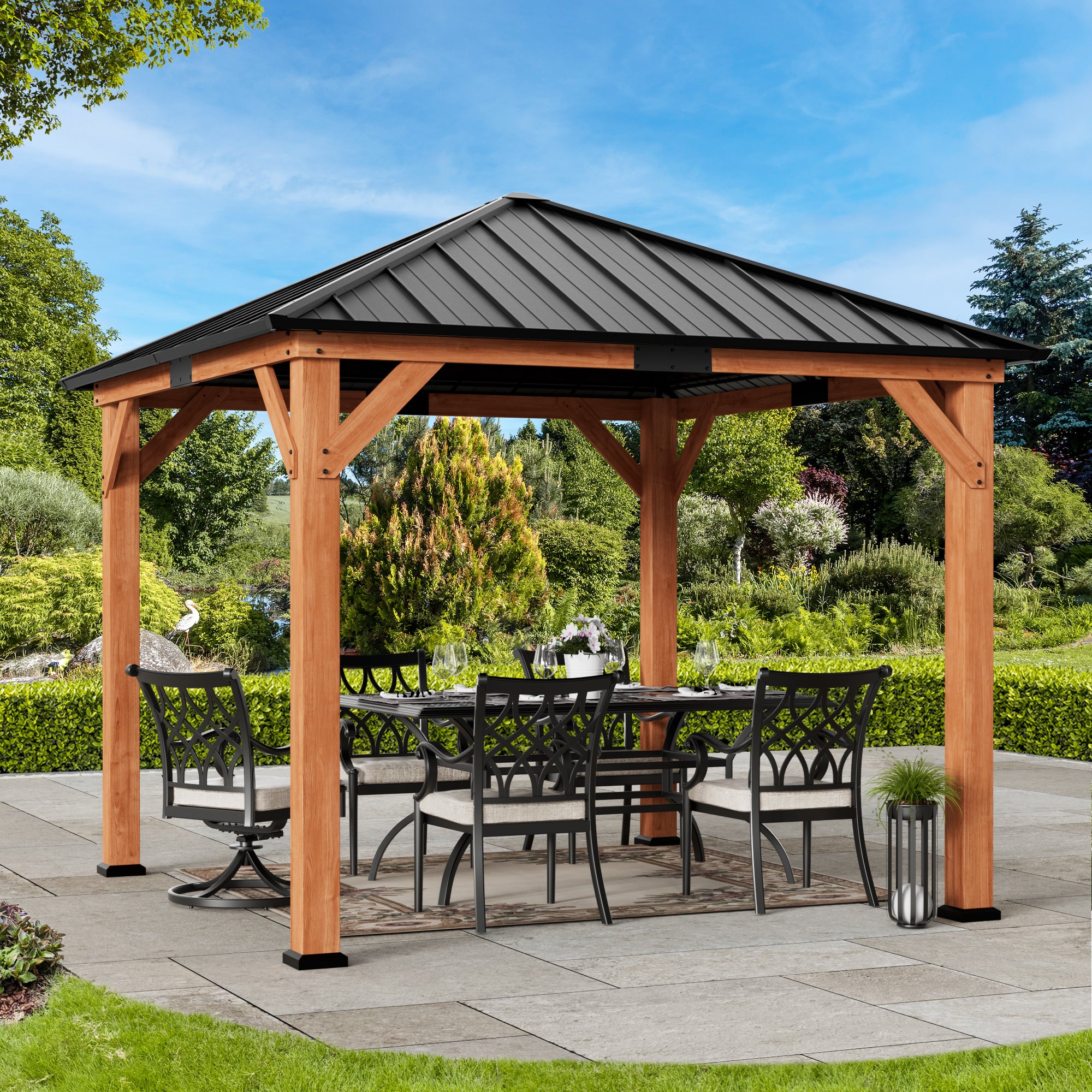 Modern Shade 10'x10' Tranquil Grove Cedar Gazebo - Steel Hardtop Grill Pavilion for Garden/Backyard