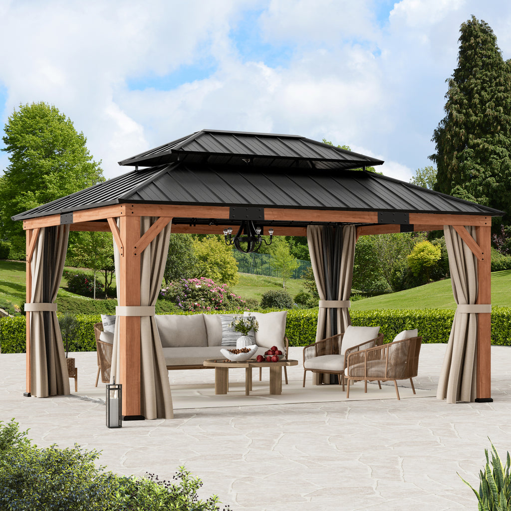 Modern Shade 12' x16' Cedar Wood Framed Gazebo Wind Resistant Hardtop with Lighting Hook for Outdoor