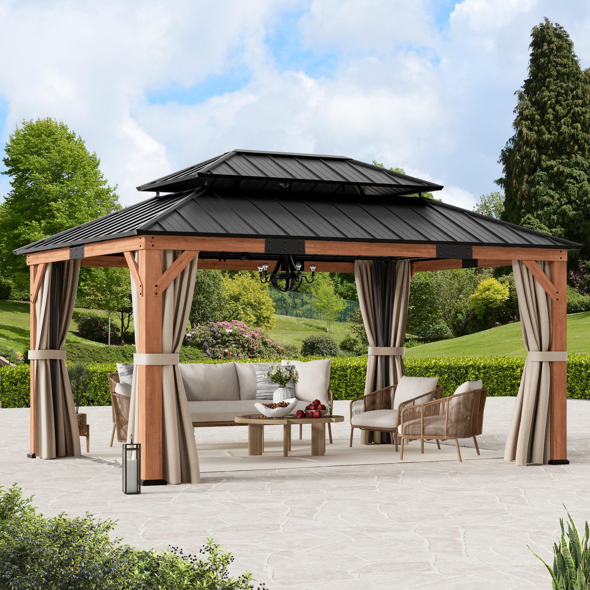 Modern Shade 12' x16' Cedar Wood Framed Gazebo Wind Resistant Hardtop with Lighting Hook for Outdoor