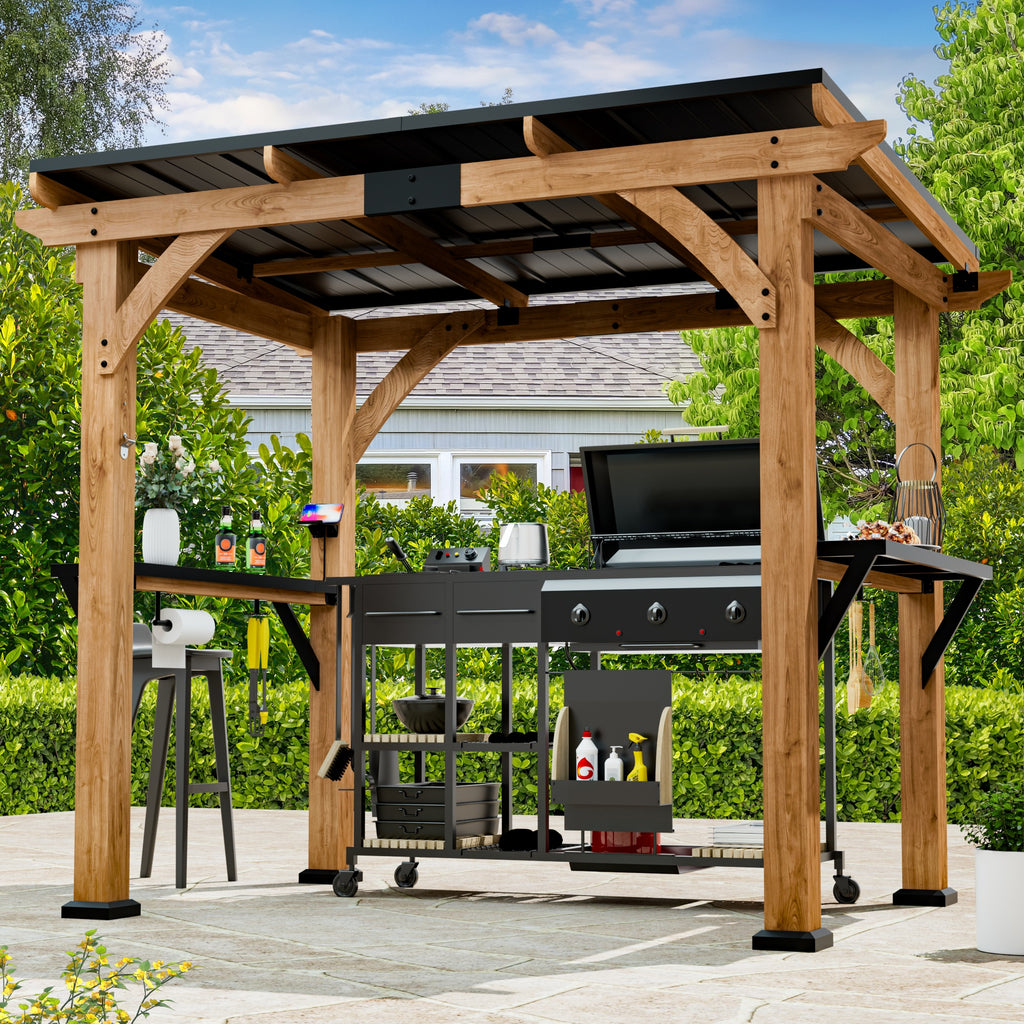Modern Cedar Wood Grill Gazebo with Steel Roof & Shelving, 6' x 8', Patio BBQ Gazebo with USB Charging Ports