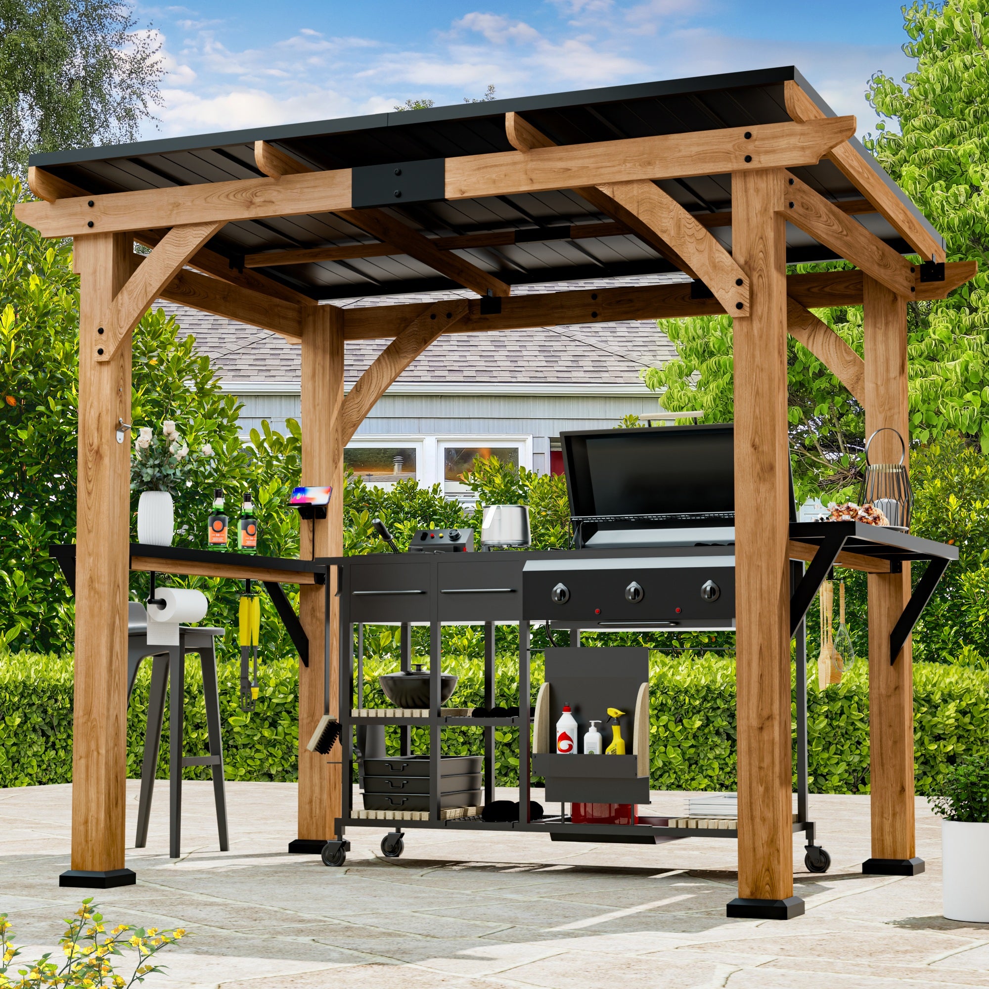 Modern Cedar Wood Grill Gazebo with Steel Roof & Shelving, 6' x 8', Patio BBQ Gazebo with USB Charging Ports
