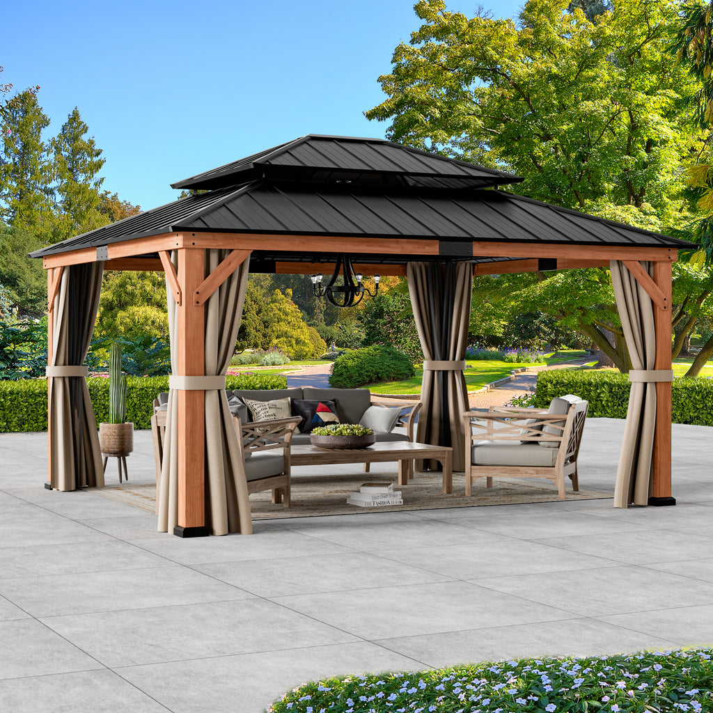 Modern Shade 13'x15' Rosewood Wood Gazebo Cedar Wood Framed Double Steel Roof for Garden Backyard