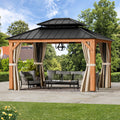 Modern Shade 10'x12' Rosewood Wood Gazebo Cedar Framed Double Steel Roof for Garden Backyard