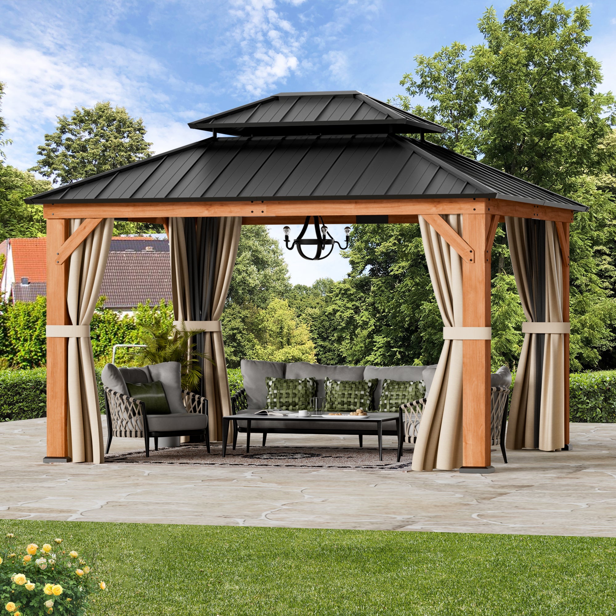 Modern Shade 10'x12' Rosewood Wood Gazebo Cedar Framed Double Steel Roof for Garden Backyard