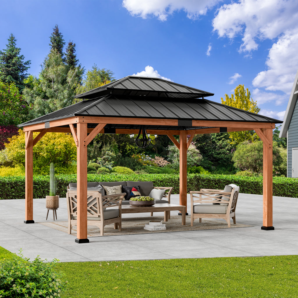 Modern Shade 13' x15' Gazebo Cedar Frame Double Galvanized Steel Roof with Curtain Netting for Garden Backyard Brown