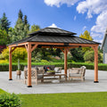 Modern Shade 13' x15' Gazebo Cedar Frame Double Galvanized Steel Roof with Curtain Netting for Garden Backyard Brown