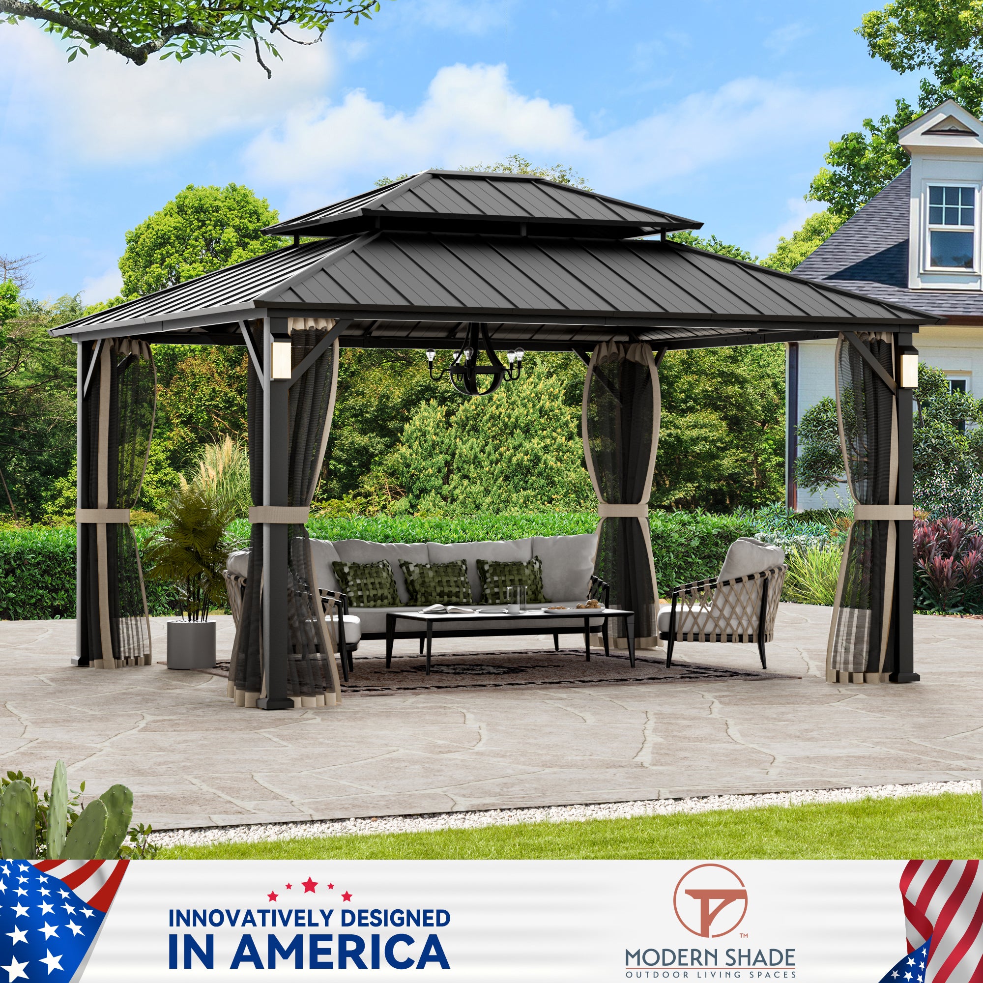 Modern Shade 12' x 14' Steel Outdoor Patio Canopy Hardtop Gazebo with Solar LED Light