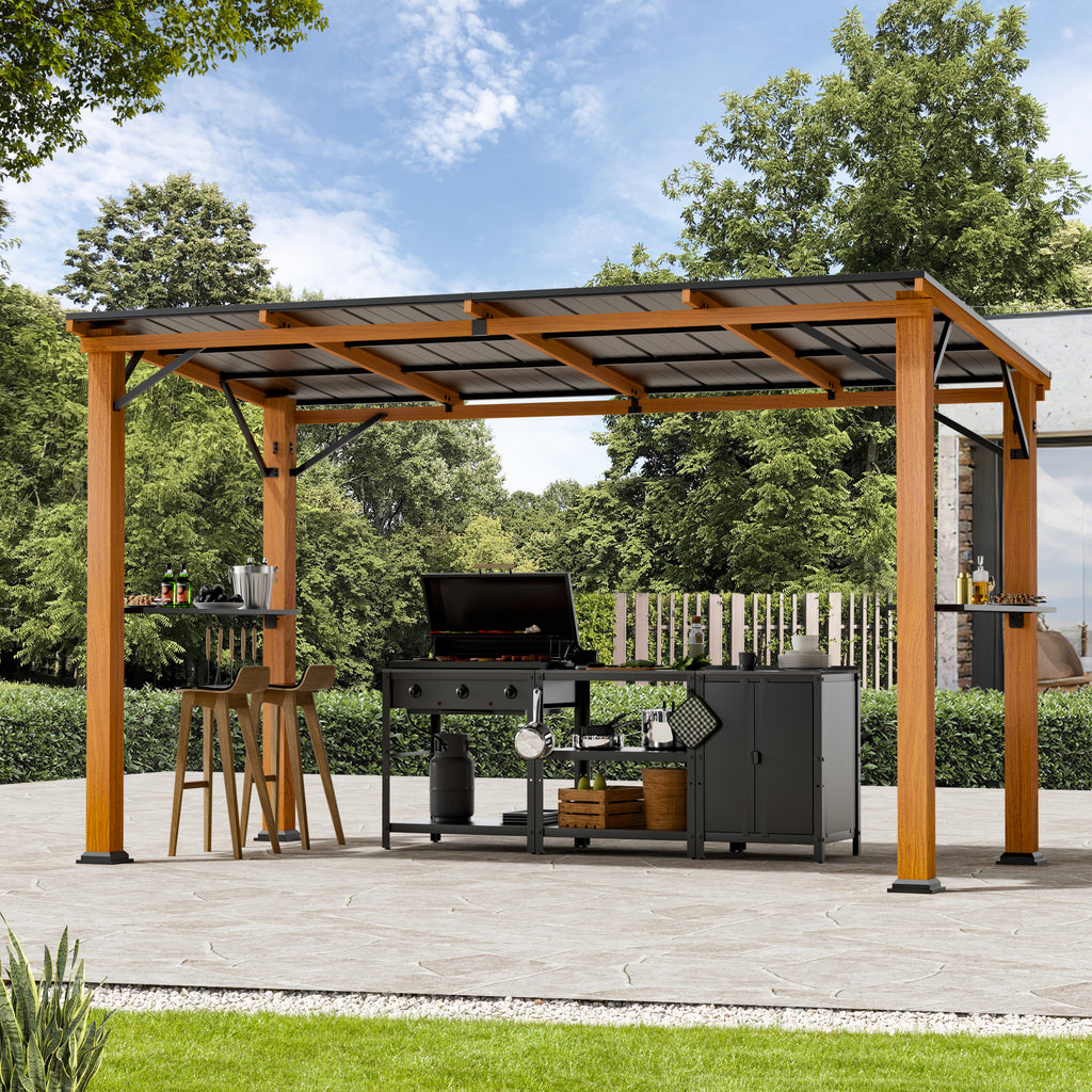 Grill Gazebo 6'x12' Hardtop with Side Shelf, Bottle Opener & Hooks, Wood-Looking Rustproof Outdoor Canopy for Backyard Patio Garden