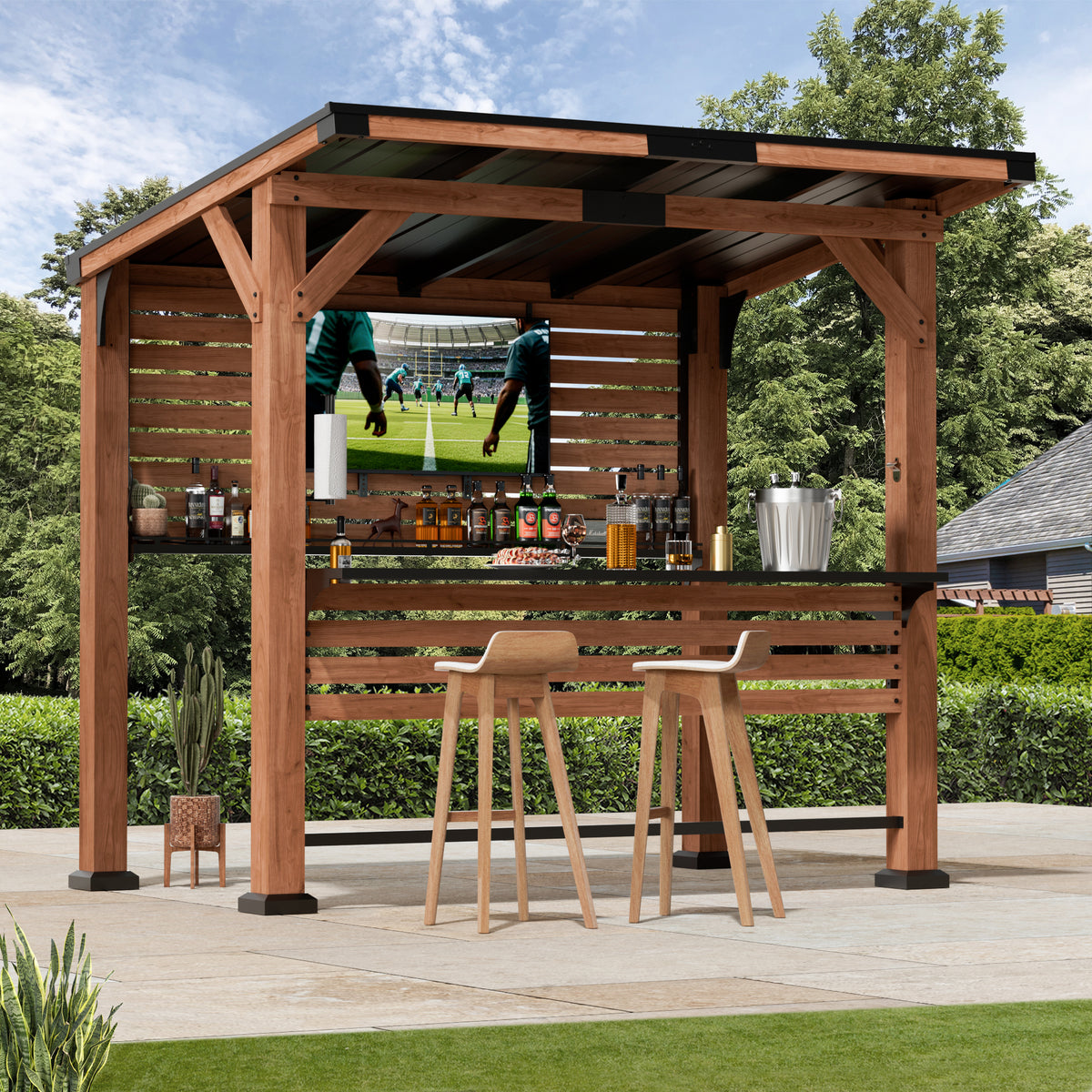 Modern Shade Cedar Wood Bar Center Gazebo with Steel Roof, Shelves, TV Mount & Power Strip for Patio or Garden