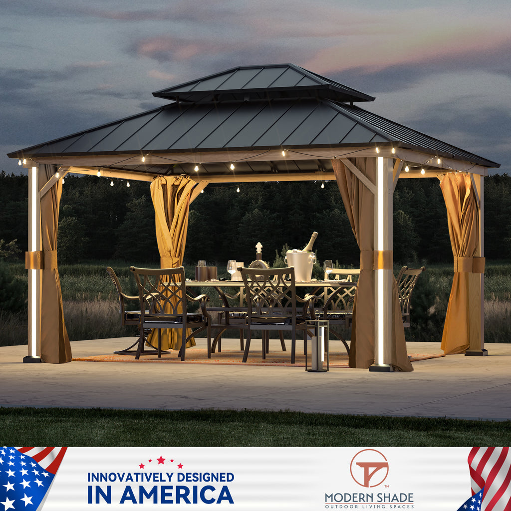 Modern Shade 12' x 14' Hardtop Gazebo with LED Lighting, USB Ports, Curtains, Netting, and Double Roof