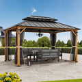 Modern Shade Hardtop Gazebo 10' x 14' with 4 LED Lights, Permanent Gazebo with Double Galvanized Steel Roof for Outdoor Backyard, Brown