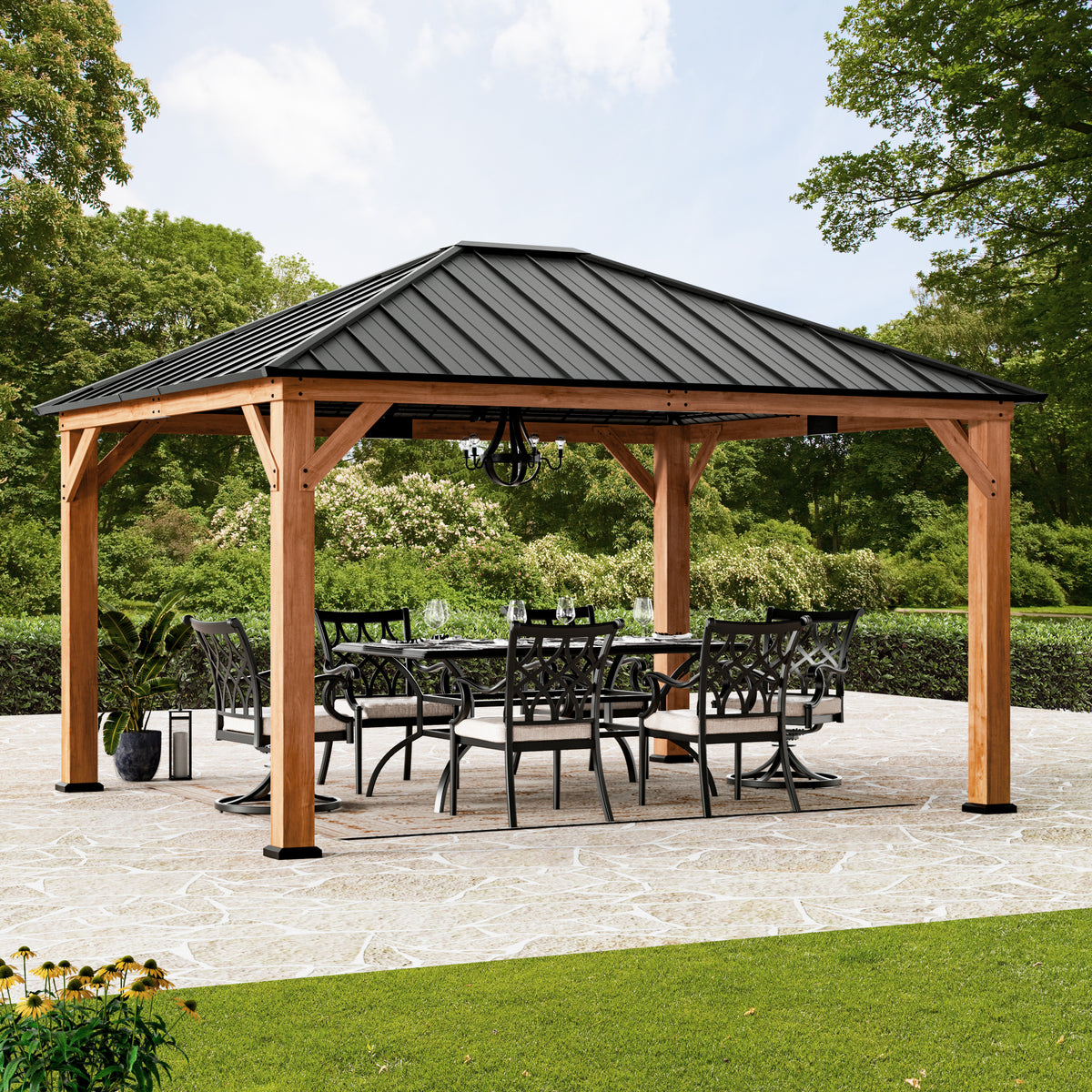 Modern Shade Tranquil Grove 12'x14’Hardtop Gazebo,Cedar Framed Pavilion with Galvanized Steel Roof,Permanent Patio Metal Gazebo for Outdoor Brown