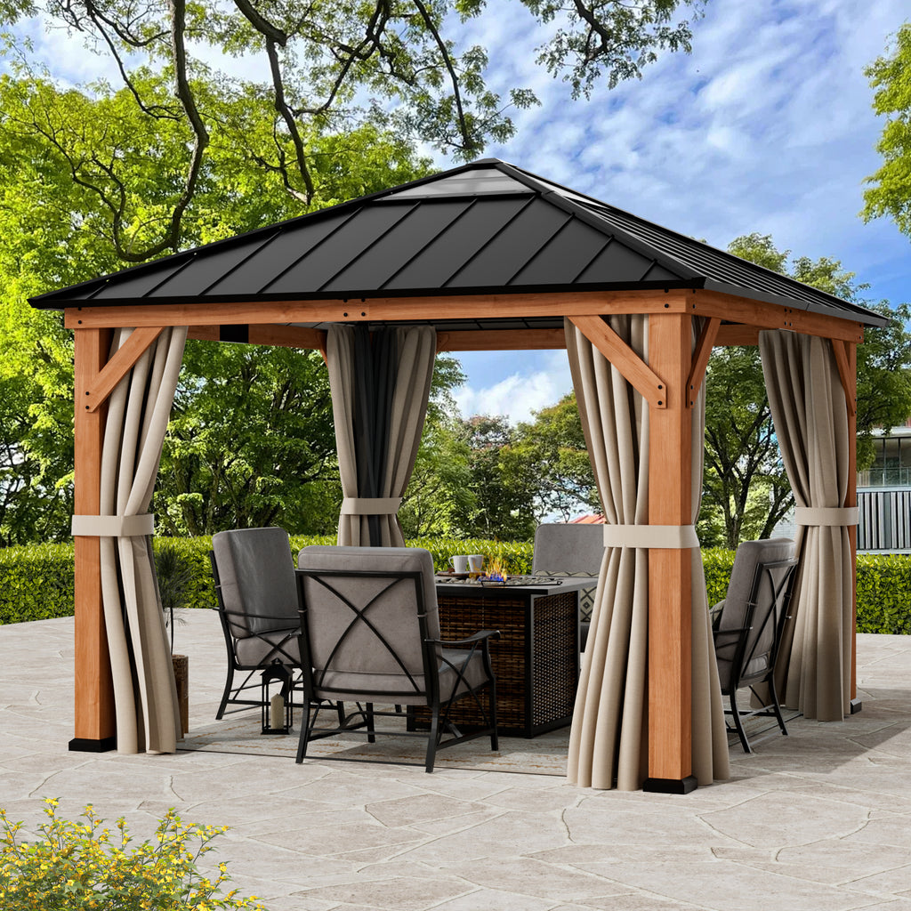 Modern Shade Tranquil Grove 11'x11' Hardtop Gazebo, Cedar Frame, Steel Roof, Netting, Curtains, Brown Outdoor