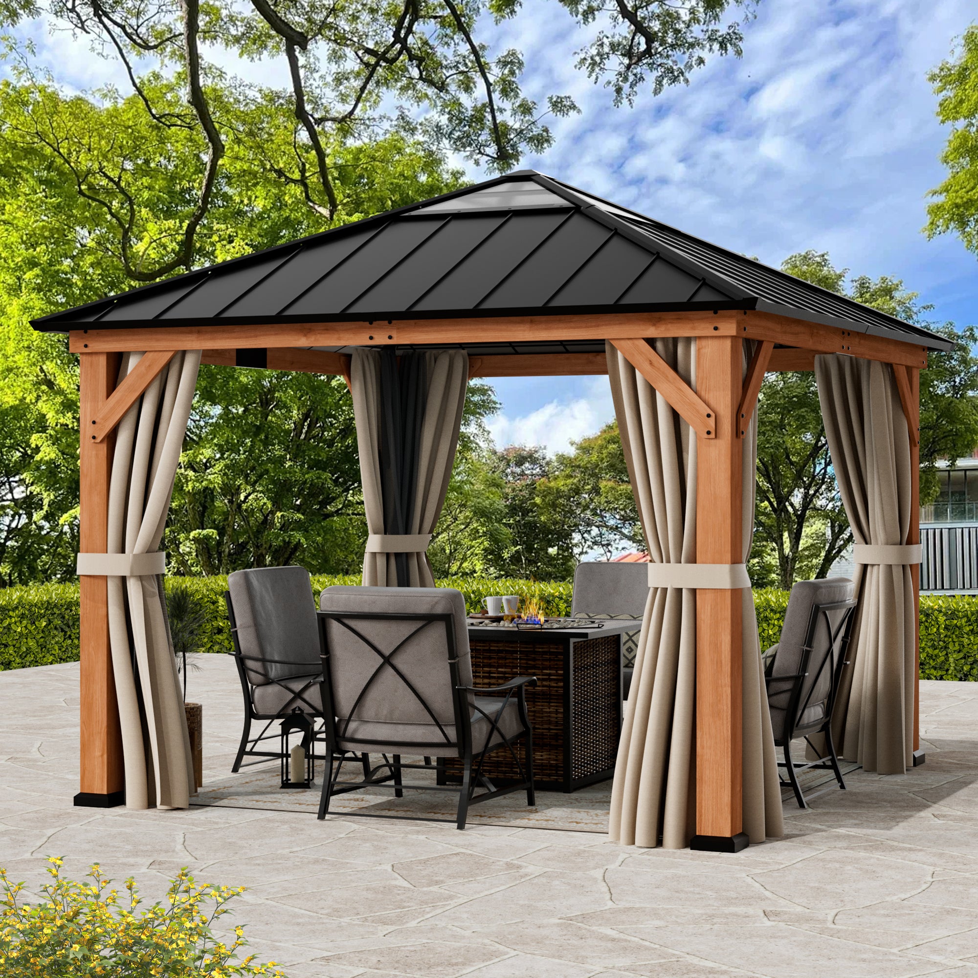 Modern Shade Tranquil Grove 11'x11' Hardtop Gazebo, Cedar Frame, Steel Roof, Netting, Curtains, Brown Outdoor