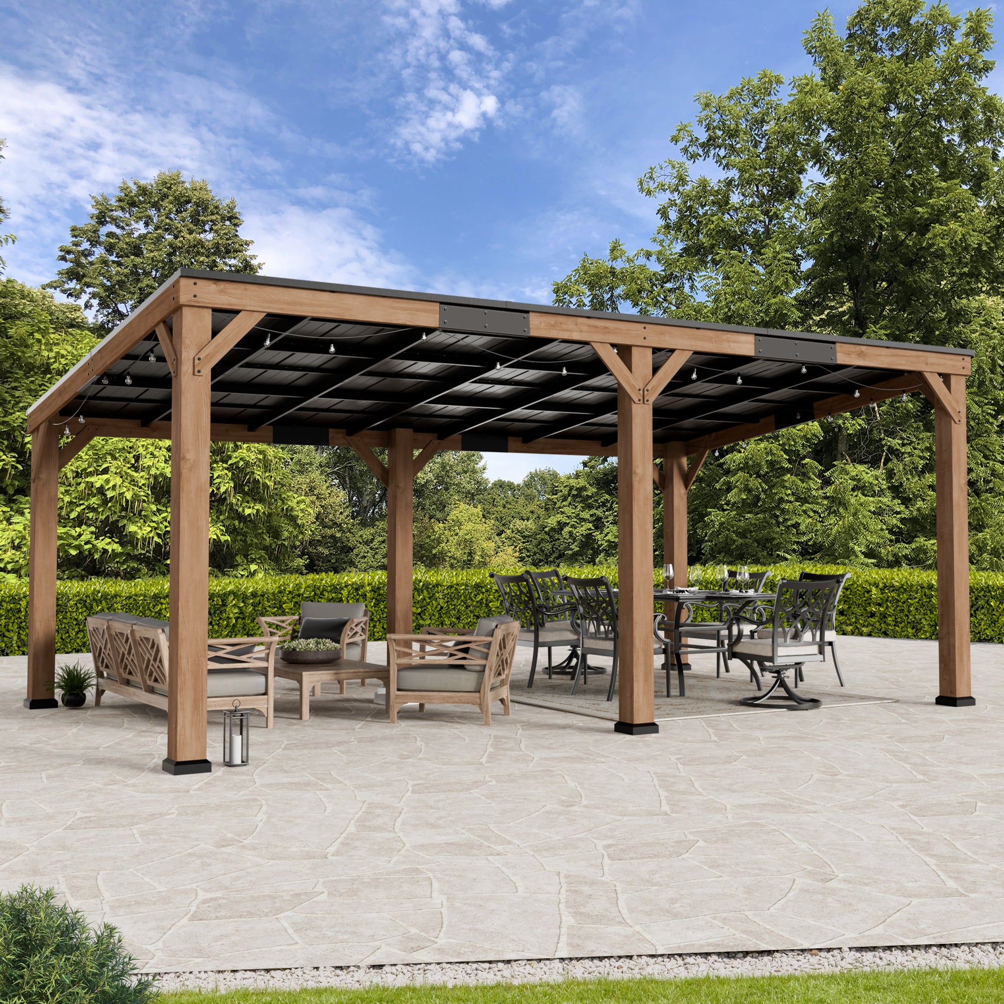 Modern Shade 12' x 20' Cedar Wood Gazebo with Hardtop Slope Roof,Permanent Grill Gazebo for Outdoor Backyard Brown