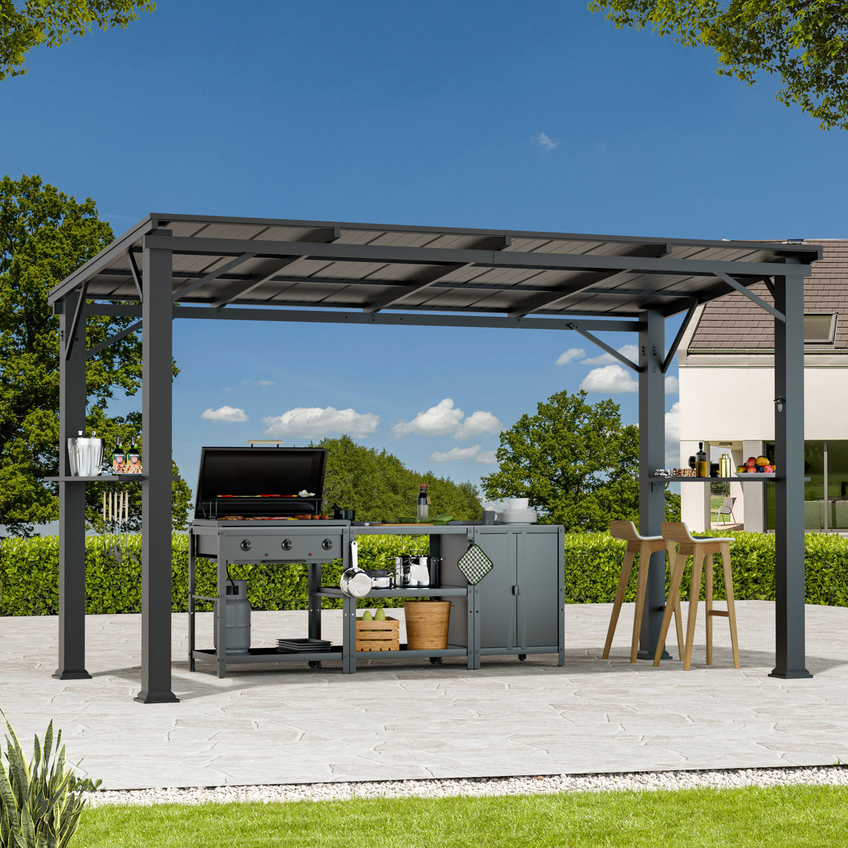 Grill Gazebo 6'x12' with Side Shelf, Hardtop Grill Canopy with Bottle Opener & Hooks, Sturdy Rustproof Frame for Backyard Garden Patio, Black