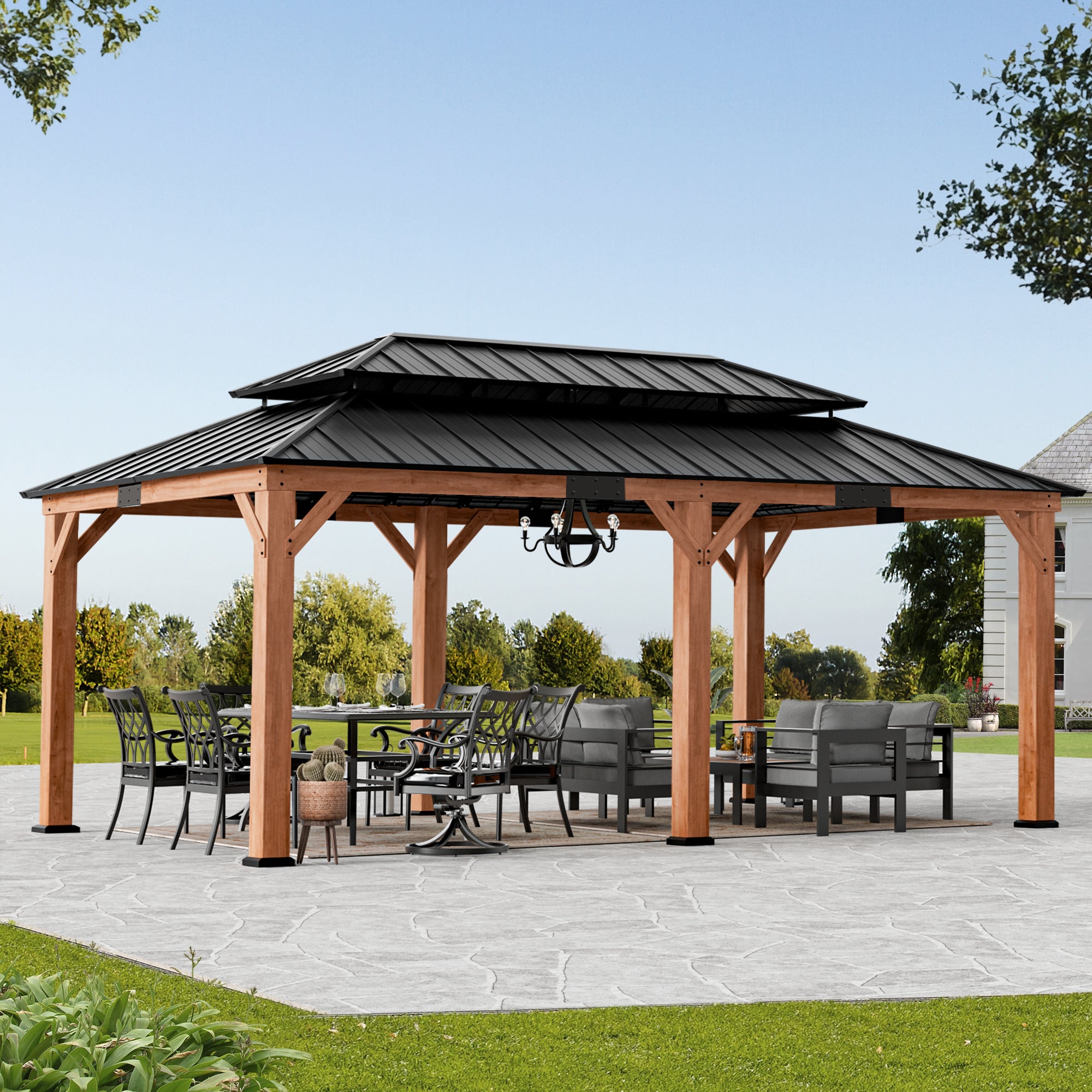 Modern Shade Rosewood 12'x20’Hardtop Gazebo,Cedar Framed Rosewood Pavilion with Double Galvanized Steel Roof,Permanent Patio Gazebo for Outdoor Brown