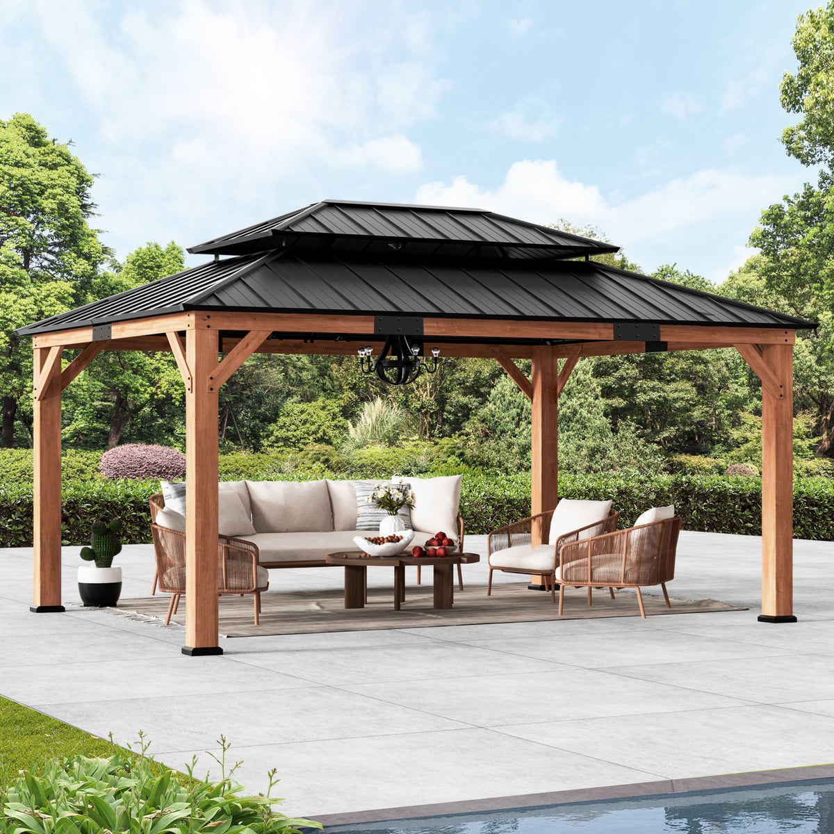 Modern Shade 12'x16' Rosewood Cedar Gazebo Double Galvanized Steel Roof for Garden Backyard