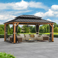 Modern Shade Hardtop Gazebo 12' x 16' with 4 LED Lights, Permanent Gazebo with Double Galvanized Steel Roof for Outdoor Backyard, Brown