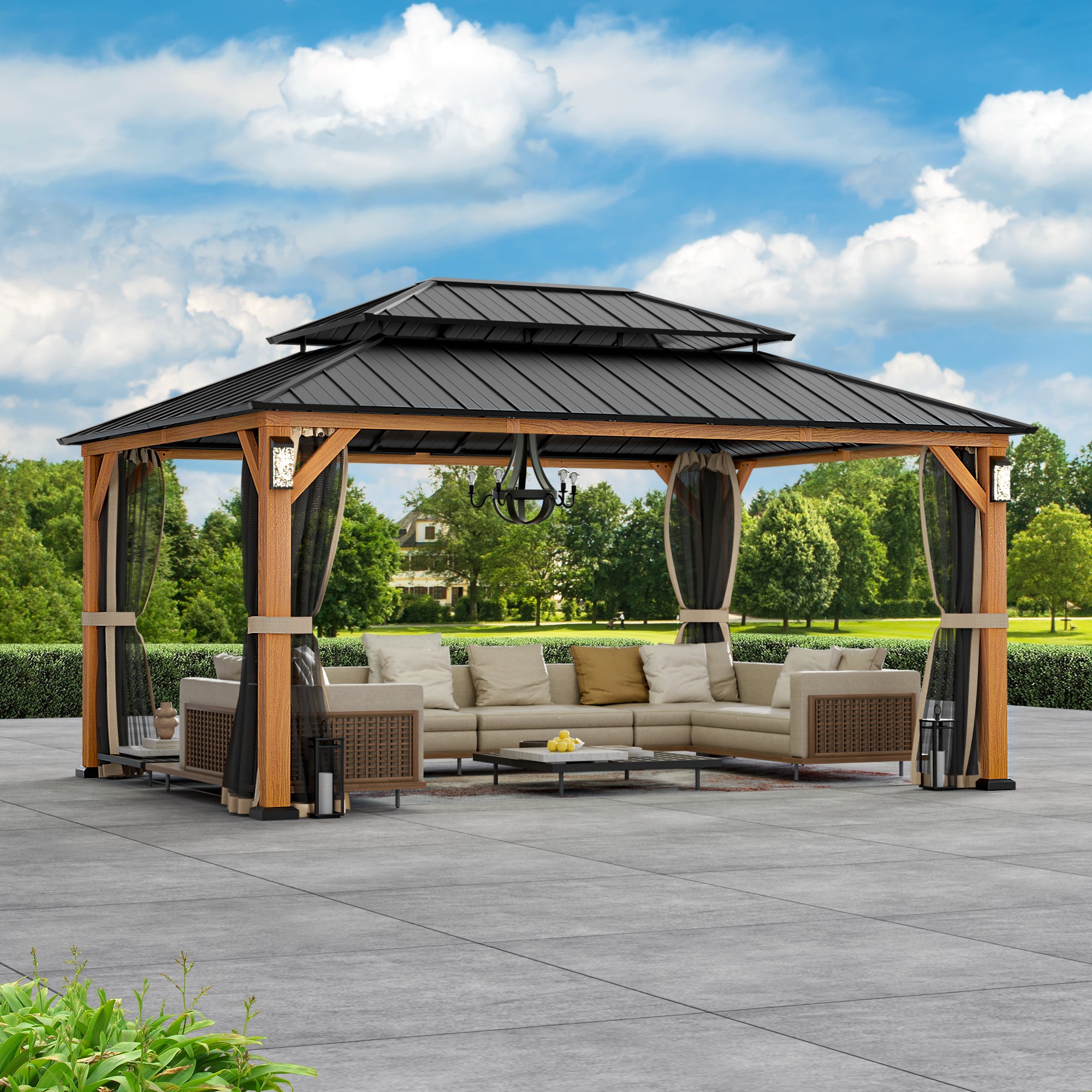 Modern Shade Hardtop Gazebo 12' x 16' with 4 LED Lights, Permanent Gazebo with Double Galvanized Steel Roof for Outdoor Backyard, Brown