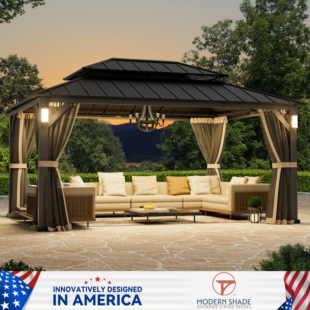 Modern Shade Hardtop Gazebo 12' x 16' with 4 LED Lights, Permanent Gazebo with Double Galvanized Steel Roof for Outdoor Backyard, Brown
