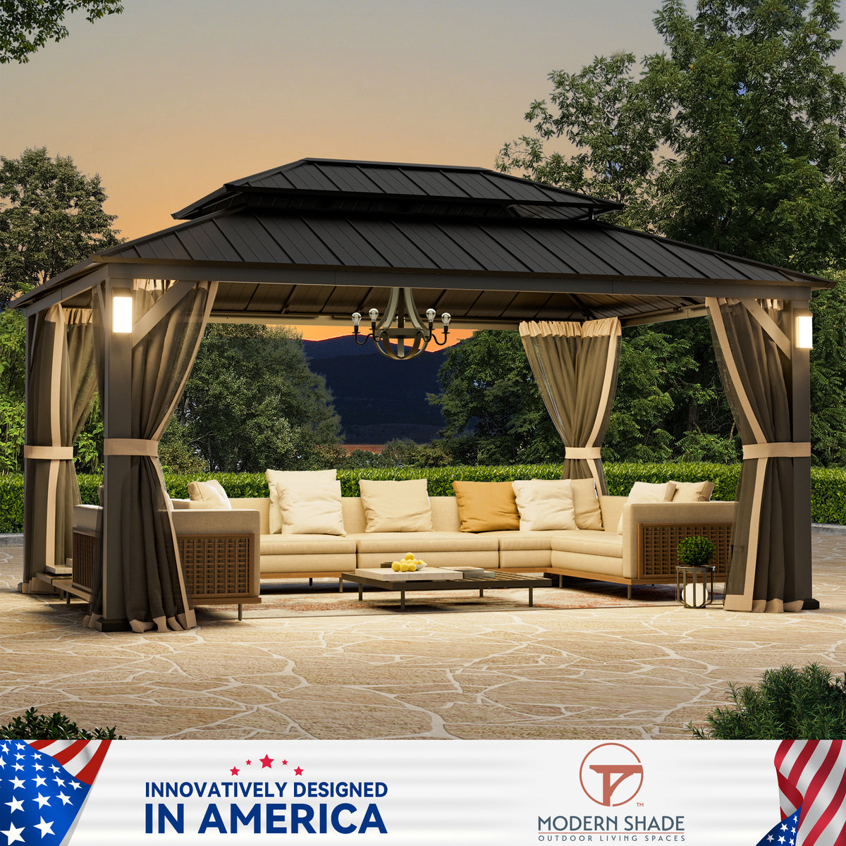 Modern Shade Hardtop Gazebo 12' x 16' with 4 LED Lights, Permanent Gazebo with Double Galvanized Steel Roof for Outdoor Backyard, Brown
