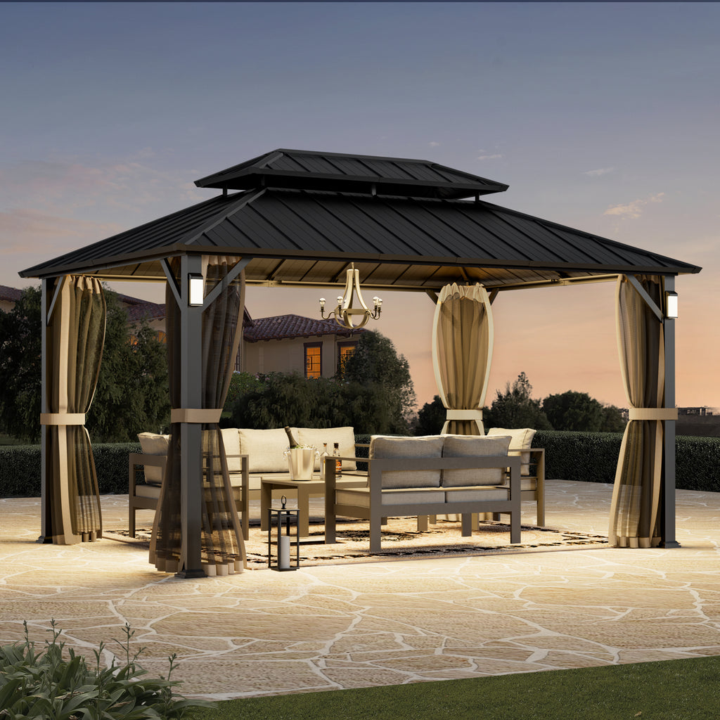 Modern Shade The Horizon Hardtop Gazebo - 10' x 14' Black Double Steel Roof with 4 Solar LED Lights