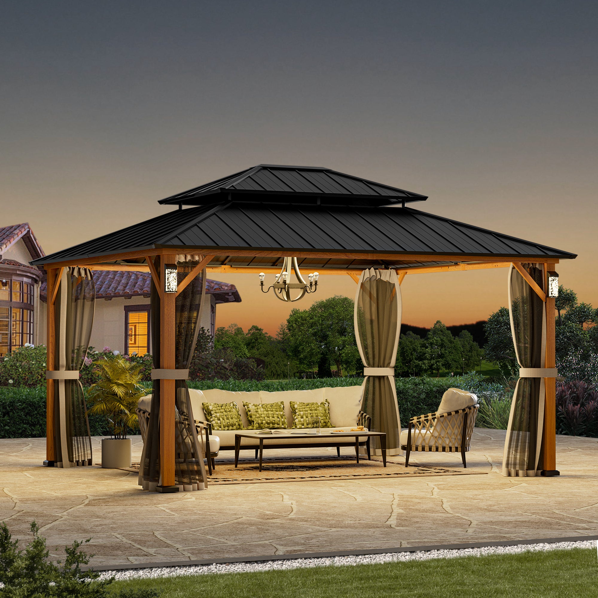 Modern Shade Hardtop Gazebo 12' x 14' with 4 LED Lights, Permanent Gazebo with Double Galvanized Steel Roof for Outdoor Backyard, Brown