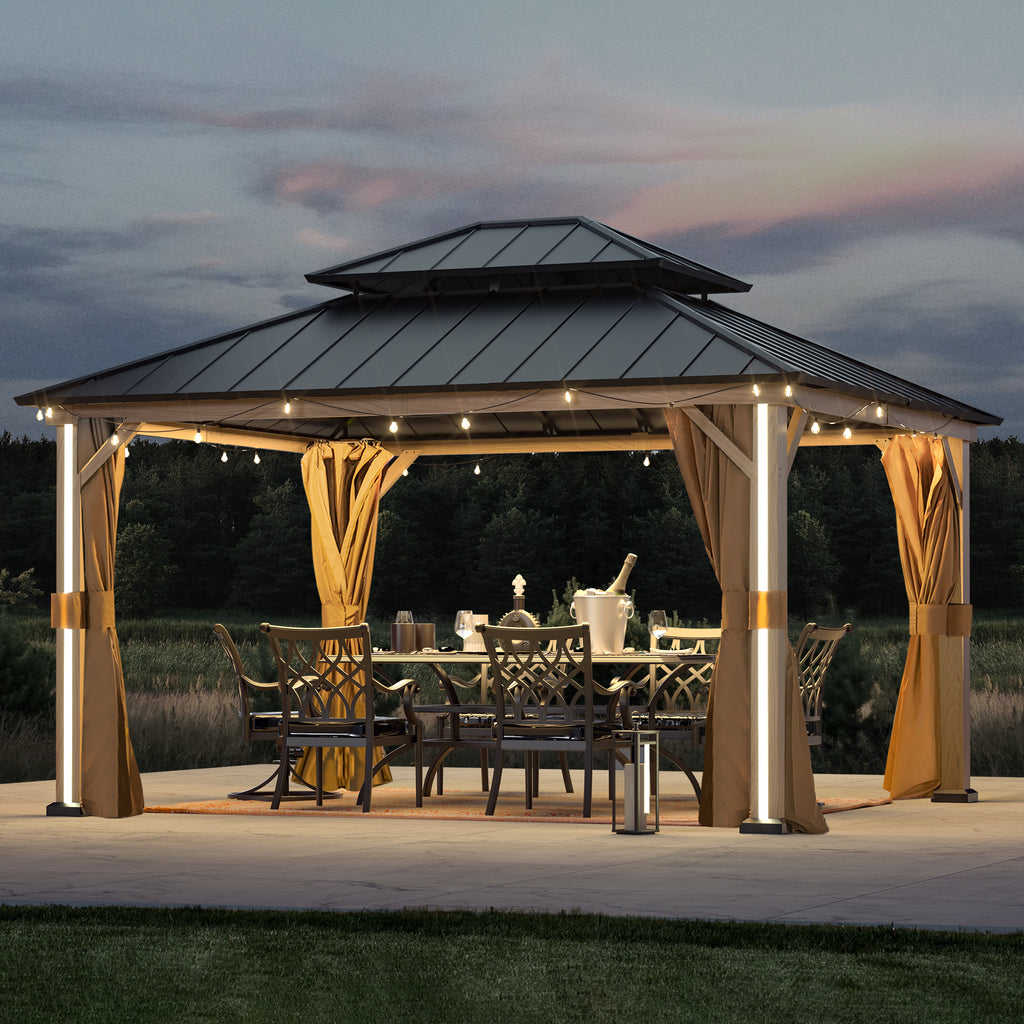 Modern Shade 12' x 14' Hardtop Gazebo with LED Lighting, USB Ports, Curtains, Netting, and Double Roof