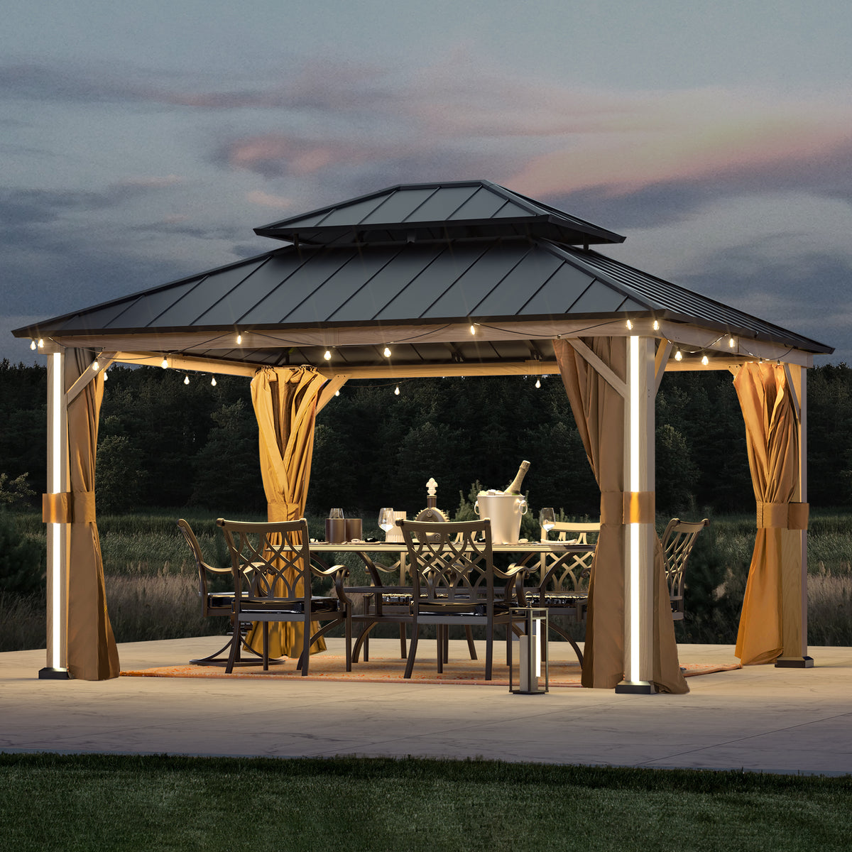 Modern Shade 12' x 14' Hardtop Gazebo with LED Lighting, USB Ports, Curtains, Netting, and Double Roof